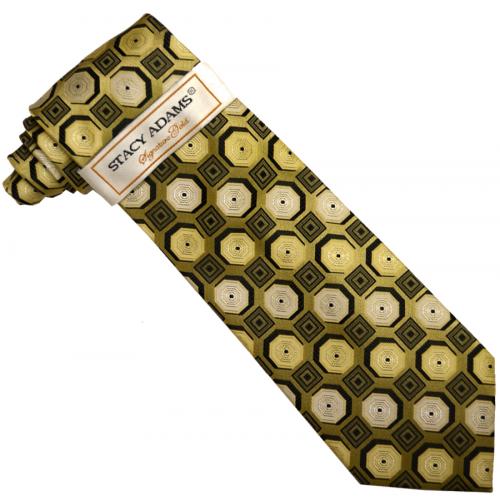 Stacy Adams Collection SA134 Black / Gold Geometric Artistic Design 100% Woven Silk Necktie/Hanky Set