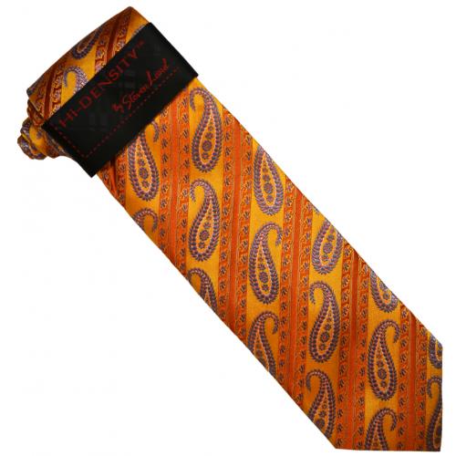 Hi-Density By Steven Land SL195 Rust / Burnt Orange / Blue Paisley Diagonal Design 100% Woven Silk Necktie/Hanky Set