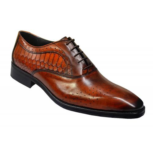 Duca Di Matiste 1493 Hand Painted Cognac Genuine Italian Calfskin Leather / Snakeskin Print Shoes With Perforation