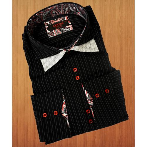 Axxess Black / White Hand-Pick Stitching 100% Cotton Dress Shirt 603-15