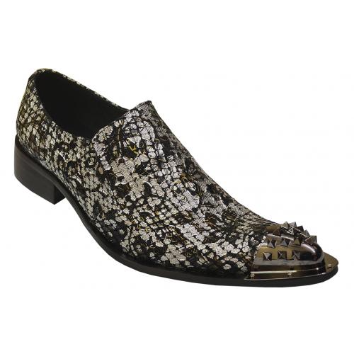 Fiesso Black / Metallic Silver With Gold Accents Snake Skin Print Genuine Leather Loafer Shoes With Spiked Metal Tip # 6842