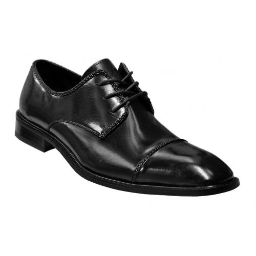 Stacy Adams "Brayden" Black Polished Genuine Leather Cap-Toe Shoes With Braided Edging 24972-001