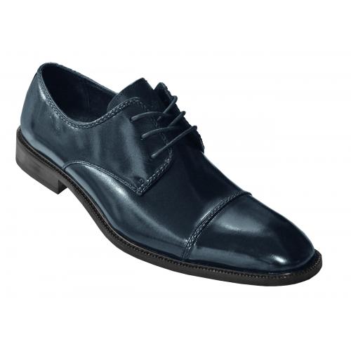 Stacy Adams "Brayden" Navy Blue Polished Genuine Leather Cap-Toe Shoes With Braided Edging 24972-410
