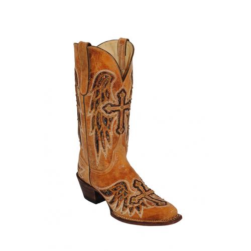 Ferrini Ladies 83093-15 Antique Saddle "Laser Angel Stud" Genuine Leather Design Cowgirl Boots V-Toe