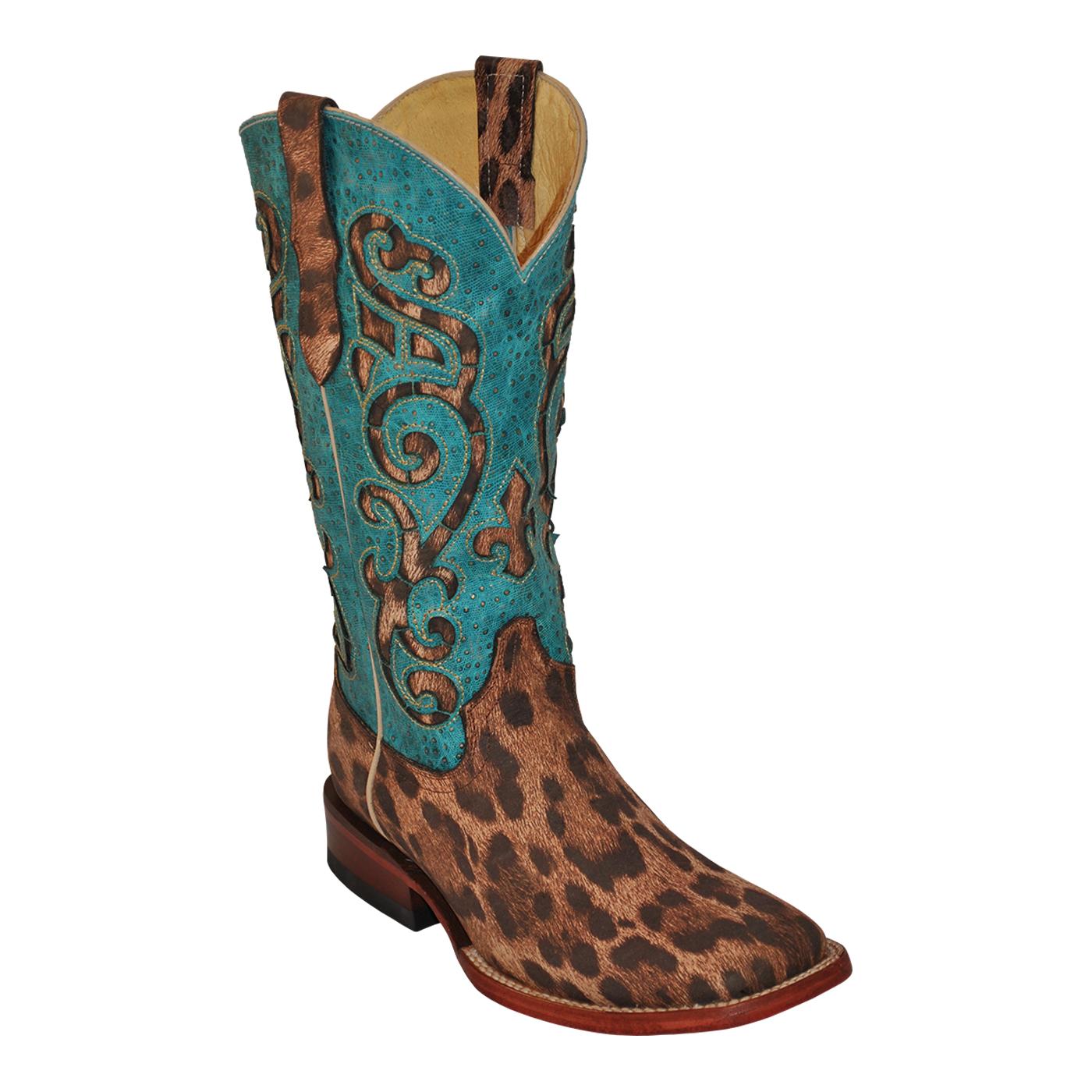 Turquoise Print Leopard Genuine Leather 