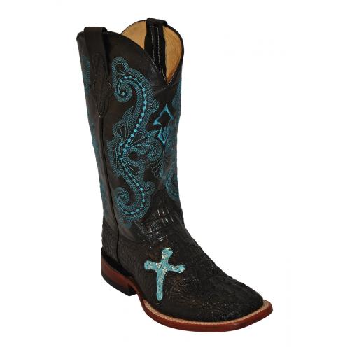 Ferrini Ladies 90393-25 Black / Blue Caiman Cross Crocodile Print Boots With Cross