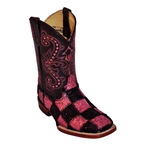 Ferrini Kid's Black / Pink Genuine Patchwork Cowhide Cowboy Boots 71393-20