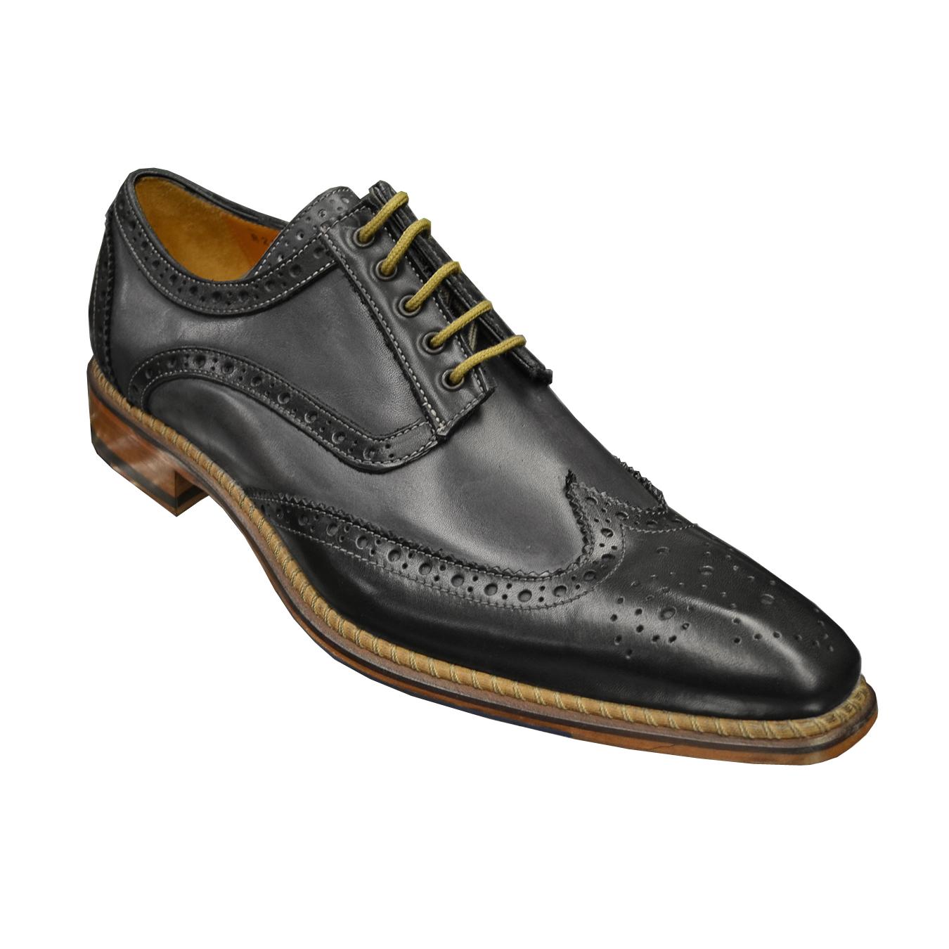 Jose Real Florence Jet Black / Charcoal Grey Italian Wingtip Shoes With ...