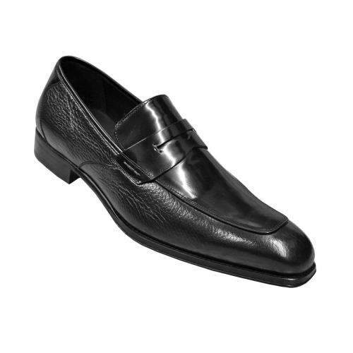 Mezlan "Lausanne" Black Genuine Deerskin / Polished Calfskin Leather Loafer Shoes 15962