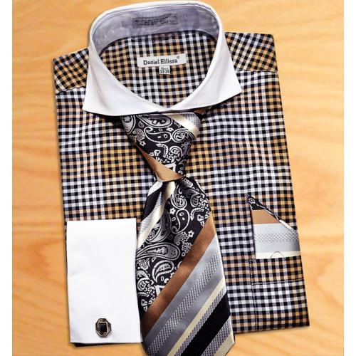 Daniel Ellissa Black / Tan / White Windowpanes Shirt / Tie / Hanky Set With Free Cufflinks DS3760P2