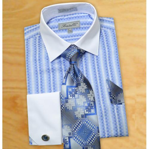 Fratello Sky Blue / Ocean Blue / White Mini Checker Pattern Shirt / Tie / Hanky Set With Free Cufflinks FRV4130P2