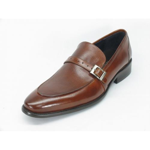 Carrucci Brown Genuine Leather Perforated Loafer Shoes With Buckle KS099-725C.