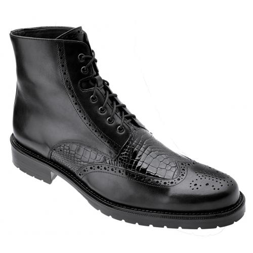 Belvedere "Vito" Black Genuine Alligator / Antique Italian Leather With Rubber Sole Boots G14