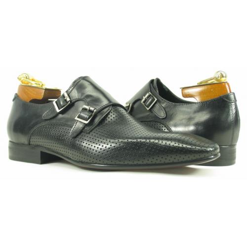 Carrucci Black Genuine Calf Skin Leather Perforation Monkstrap Shoes KS308-06.