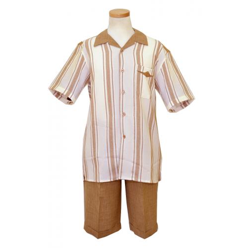 Pronti Cream / Taupe Stripes Rayon Blend 2 PC Short Set Outfit SP6105S