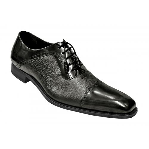 Mezlan "Durham" Black Genuine Deerskin / Polished Calfskin Leather Cap Toe Shoes 15959