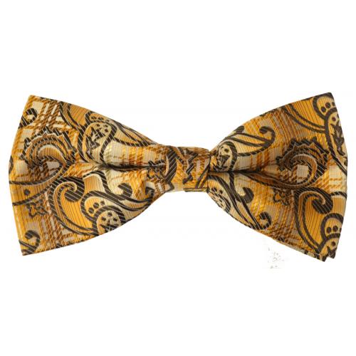 Classico Italiano Cognac / Dark Brown / White Paisley Design 100% Silk Bow Tie / Hanky Set BH2072