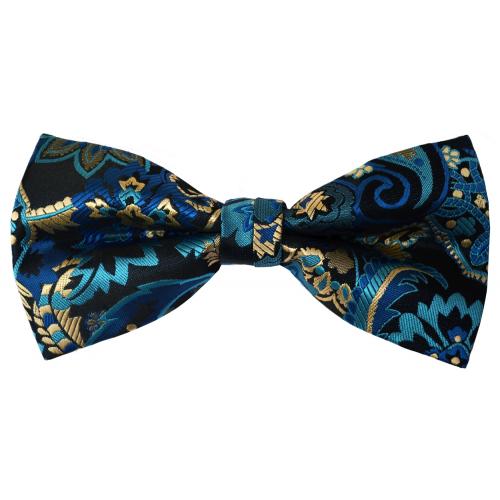Classico Italiano Turquoise Blue / Aqua Blue / Black Paisley Design 100% Silk Bow Tie / Hanky Set BH2163