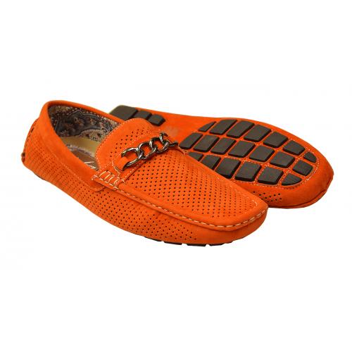 Steve Harvey "Loyals" Orange Perforated Microsuede Casual Driving Loafer Shoes With Bracelet