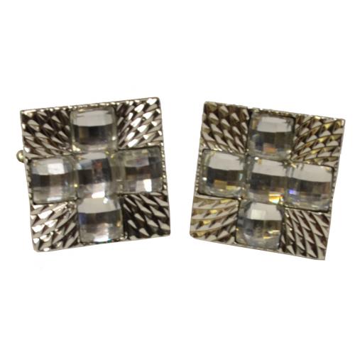 Fratello Silver Plated Square Cufflinks Set With Ruby White Rhinestone CL042