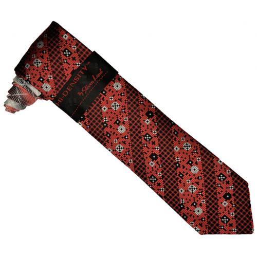 Hi-Density By Steven Land SL198 Red / Black / White Pixelated Diagonal Stripes Design 100% Woven Silk Necktie / Hanky Set