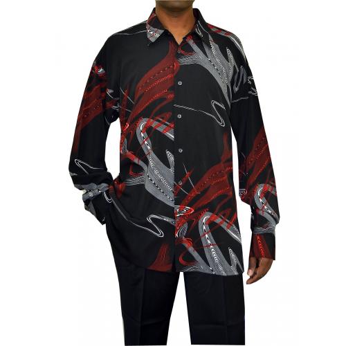 Jeevo Black / Red / White Artistic Design Microfiber Casual Long Sleeves Shirt BM002