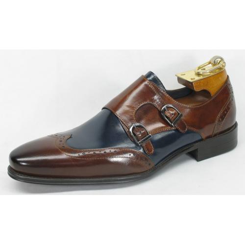 Carrucci Brown / Navy Genuine Leather With Double Monk Straps Shoes KS099-303T.