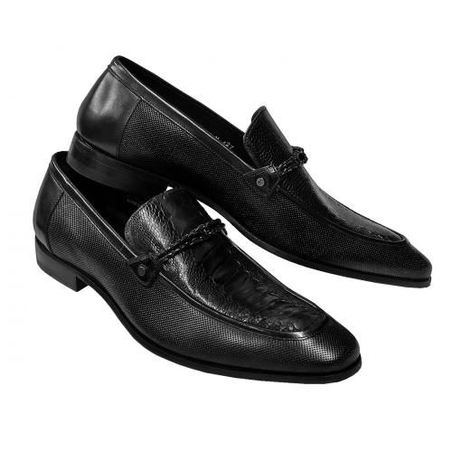 Mezlan "Clovet" 3953-P Black Genuine Ostrich Leg / Textured Calf With Braid Saddle Loafer Shoes