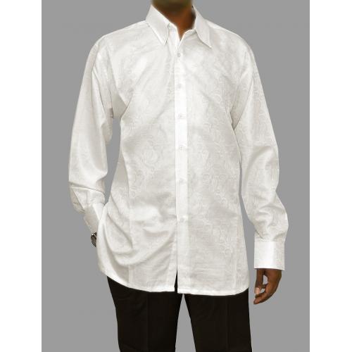 Bagazio White Embroidered Paisley Design Microfiber Casual Long Sleeves Shirt With With Matching Pocket Square BM1196