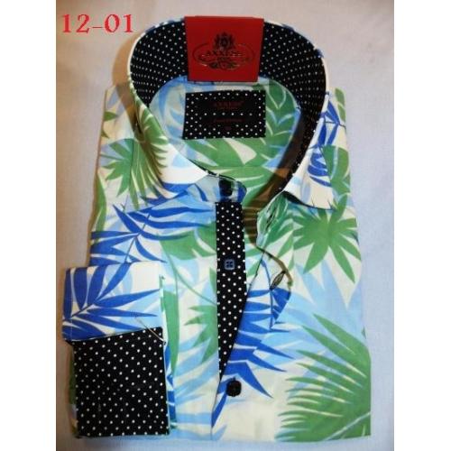 Axxess Blue / Green / Blue Leaf Hawaiian Design 100% Cotton Dress Shirt 12-01