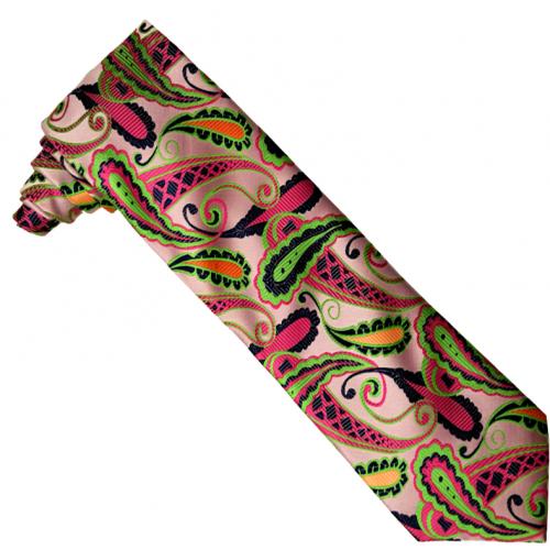 Verse 9 Collection Pink / Lime Green / Fuchsia / Peach Paisley Design 100% Woven Silk Necktie/Hanky Set V916