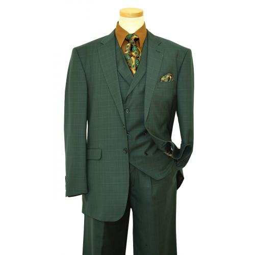 Statement Confidence "Naples" Hunter Green With Rust / Cream Windowpane Design Super 150's Wool Vested Suit