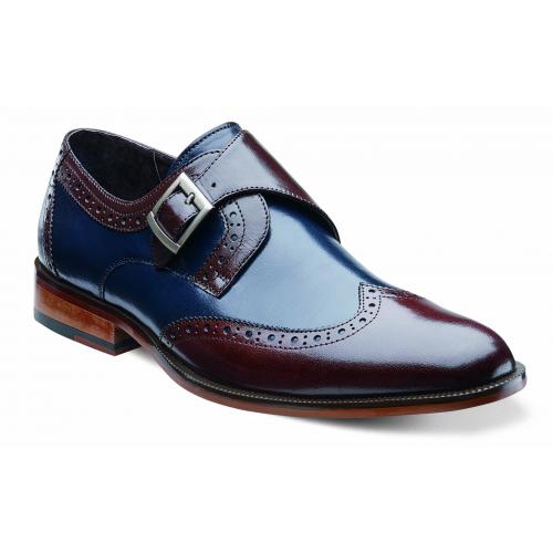 Stacy Adams "Stratford" Chocolate Brown / Navy Blue Genuine Buffalo Leather Wingtip Monkstrap Shoes 24973-492