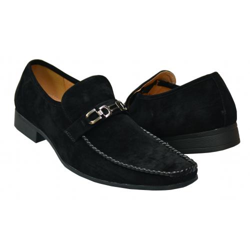 UV Signature Black Microsuede Genuine Leather Lined Loafer Shoes With Black Piping / Gunmetal Bracelet UV014