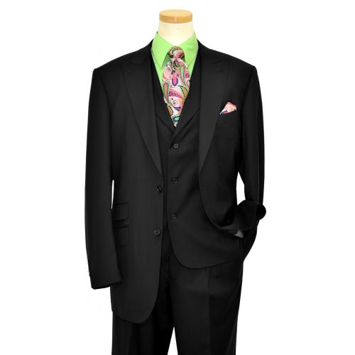 Extrema Black With Platinum Grey Handpick Stitching Super 150's Wool Vested Wide Leg Suit 7304/45