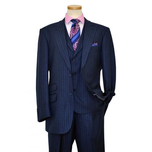 Extrema Navy Blue / Sky Blue / Royal Blue Stripes With Navy Blue Handpick Stitching Super 140's Wool Vested Wide Leg Suit 29661/23