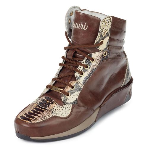 Mauri "Elio" M727 Cognac Genuine Shiny Calf  / Brown Ostrich Leg Printed Python Casual  Sneakers