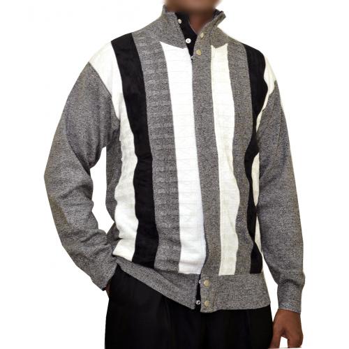 Silversilk Grey With Black / White Knitted Front Zipper Buttoned Geometric Design Microsuede Sweater Jacket 6966