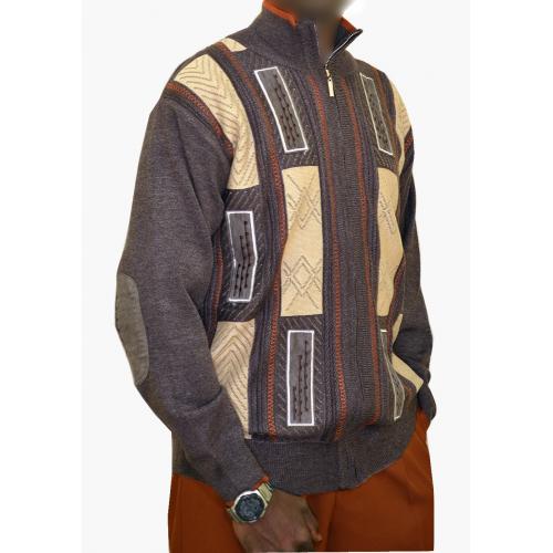 Silversilk Charcoal Grey / Tan / White/ Rust Knitted Front Zipper Artistic Design Microsuede Sweater Jacket With Stitched Elbow Patches 6960
