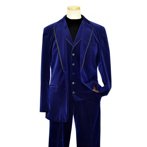 Silversilk Royal Blue Corduroy Casual Vested Suit With Black PU Leather Trimming 8180JVP