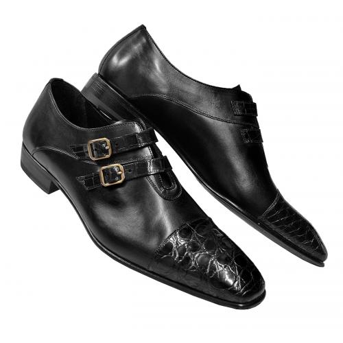 Mezlan "Bath" Black Genuine Crocodile Loafer Shoes With Double Monkstraps 13992-C