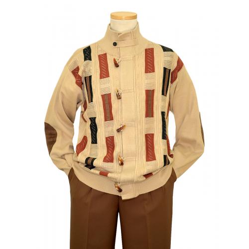 Silversilk Beige / Rust / Brown Knitted Rayon Blend Zip-Up Rectangular Design Sweater Jacket With Brown Microsuede Elbow Patches And Pointed Buttons 6950