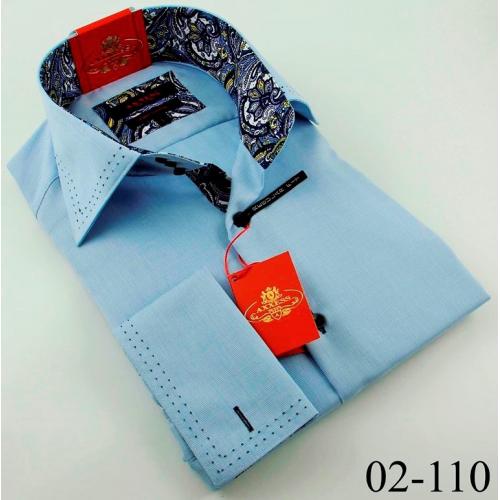 Axxess Sky Blue / Navy Blue Cotton Hand Pick Stitching Modern Fit Dress Shirt 02-110