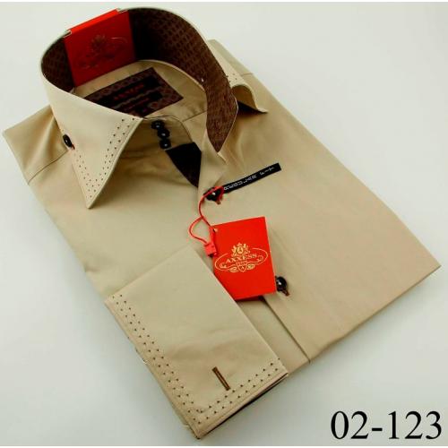 Axxess Taupe / Brown Hand Pick Stitching Regular Fit Dress Shirt 02-123