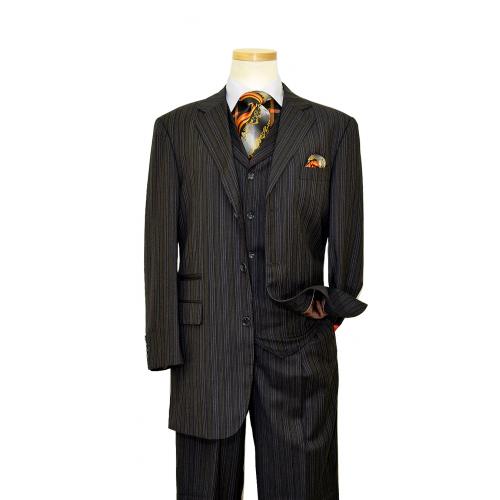 Apollo King Charcoal Grey / Mustard / Brown / White Pinstripes With Black Handpick Stitching Super 160's Wool Vested Wide Leg Suit J-825