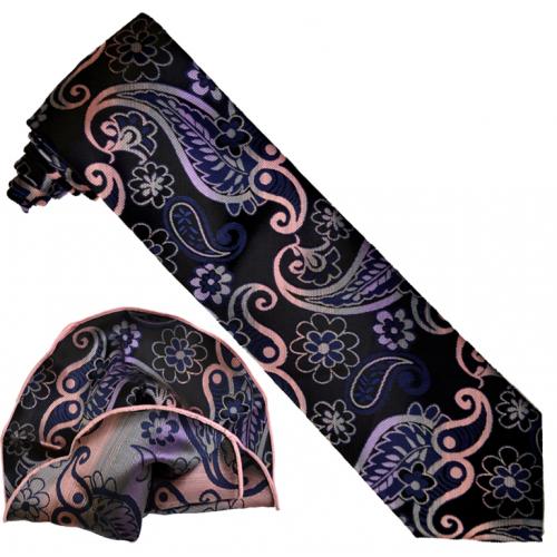 Verse 9 Collection Black / Navy Blue / Lavender Paisley Design 100% Woven Silk Necktie / Reversible Hanky Set V922