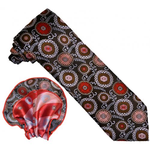 Verse 9 Collection Black / Brown / Sky Blue / Pink Circular Paisley Design 100% Woven Silk Necktie / Reversible Hanky Set V923