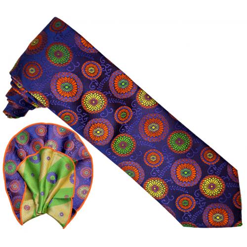 Verse 9 Collection Violet / Lime Green / Orange Paisley Circular Design 100% Woven Silk Necktie / Reversible Hanky Set V928