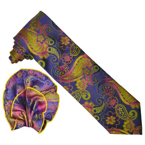 Verse 9 Collection Purple / Gold / Olive / Fuchsia Paisley Circular Design 100% Woven Silk Necktie / Reversible Hanky Set V931