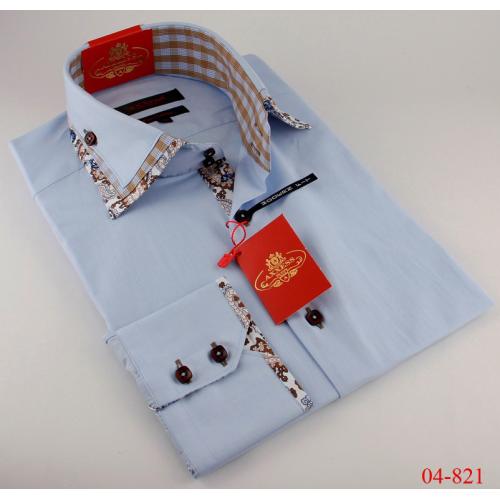 Axxess Sky Blue / Brown 100% Cotton Modern Fit Dress Shirt 04-821